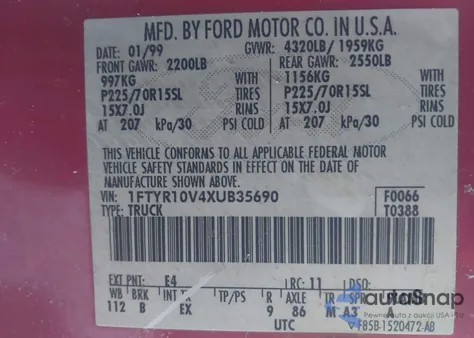 1999 Ford Ranger Xl/Xlt из США, поврежденный, VIN 1FTYR10V4XUB35690